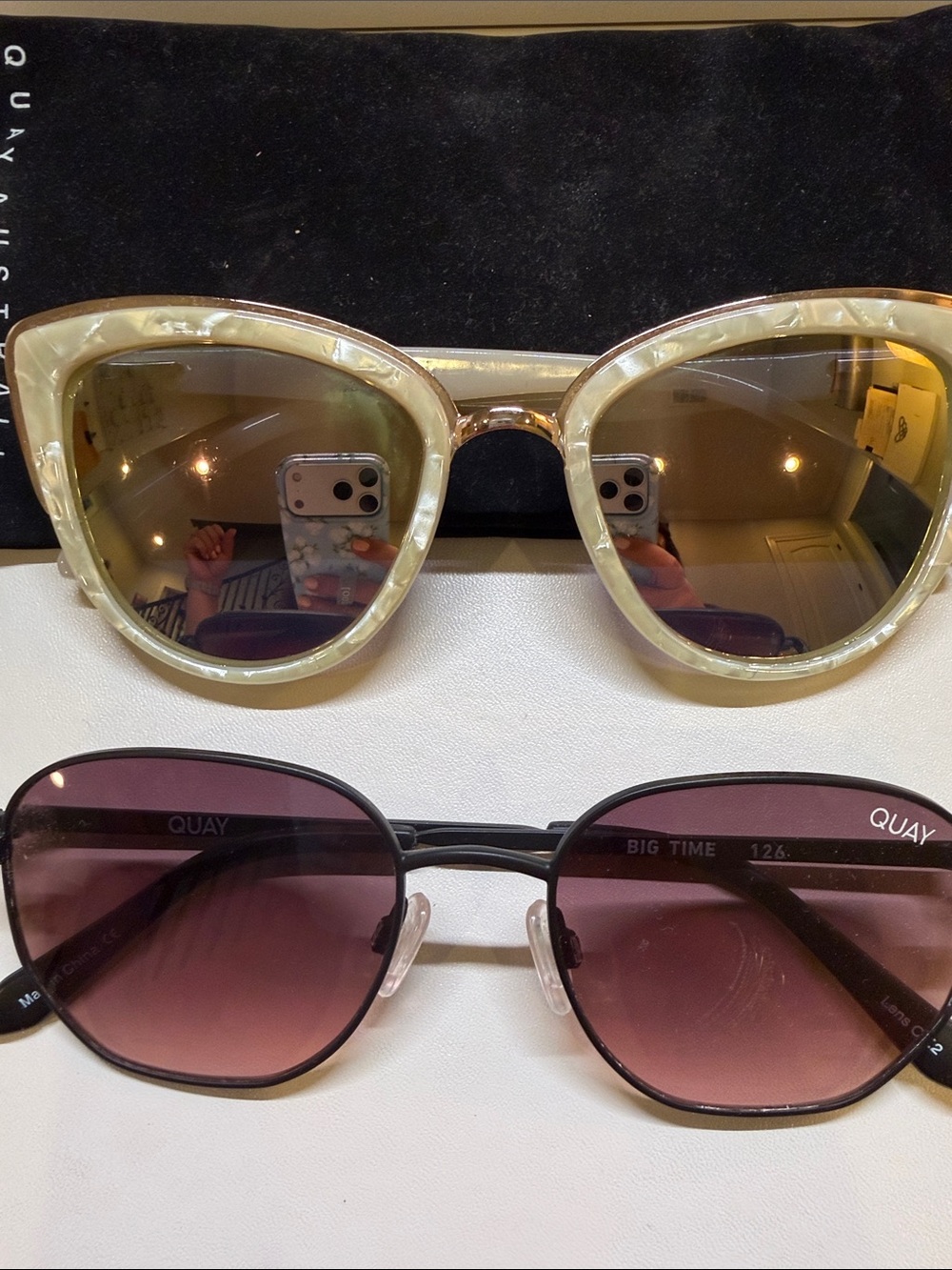 Quay Australia Pearl Beige Cat-Eye Sunglasses with Gold Accents & thin rim pair